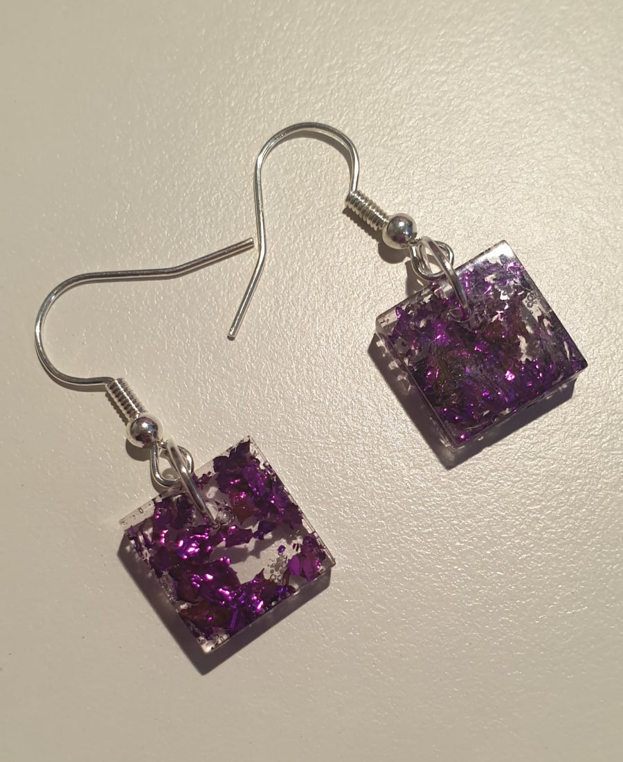 Square purple metallic flakes resin earrings