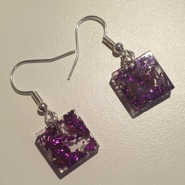 Square purple metallic flakes resin earrings