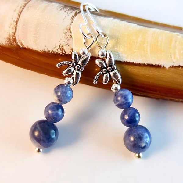 Blue Sodalite Earrings With Silver Dragonflies - Handmade In Devon