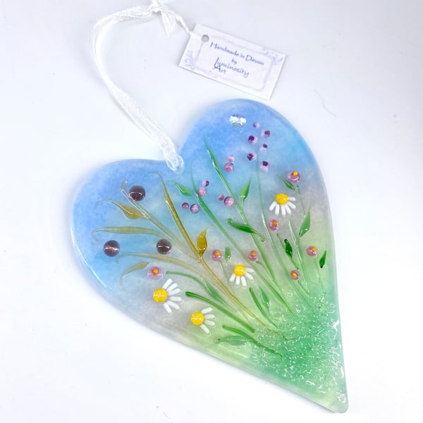 Glass Meadow Heart with Delicate Pink & Purple Flowers