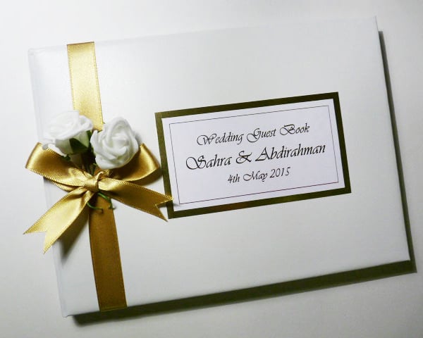 Wedding guest book with roses, gold and white wedding guest book