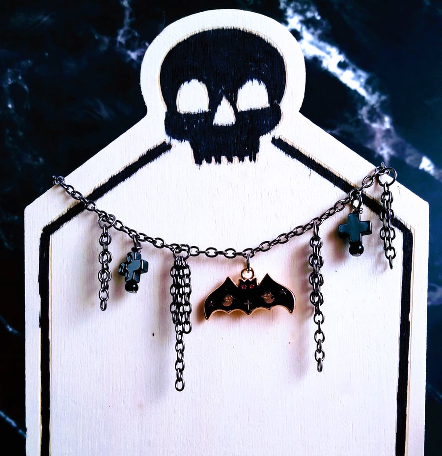 Enamel Black Bat Pendant and Hematite Cross Black Chain Choker