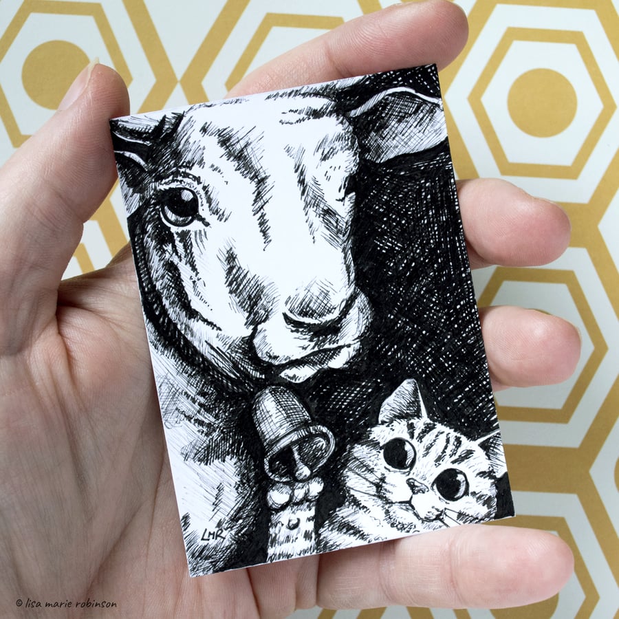 Cat and Cow ACEO - Inktober 2019 - Day 1 - Ink Drawing Pen Art