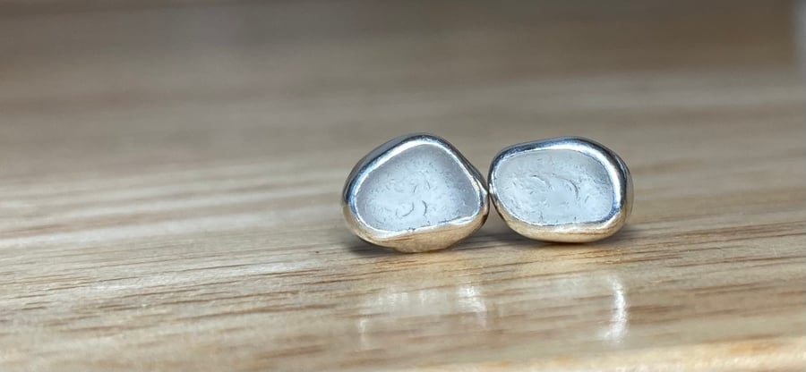 Handmade Welsh Beige Grey Sea Glass & Silver Medium Size Stud Earrings