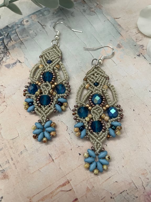 Delicate blue micro macrame beaded dangle boho vintage earrings, gift for her 
