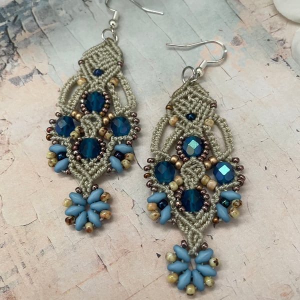 Delicate blue micro macrame beaded dangle boho vintage earrings, gift for her 