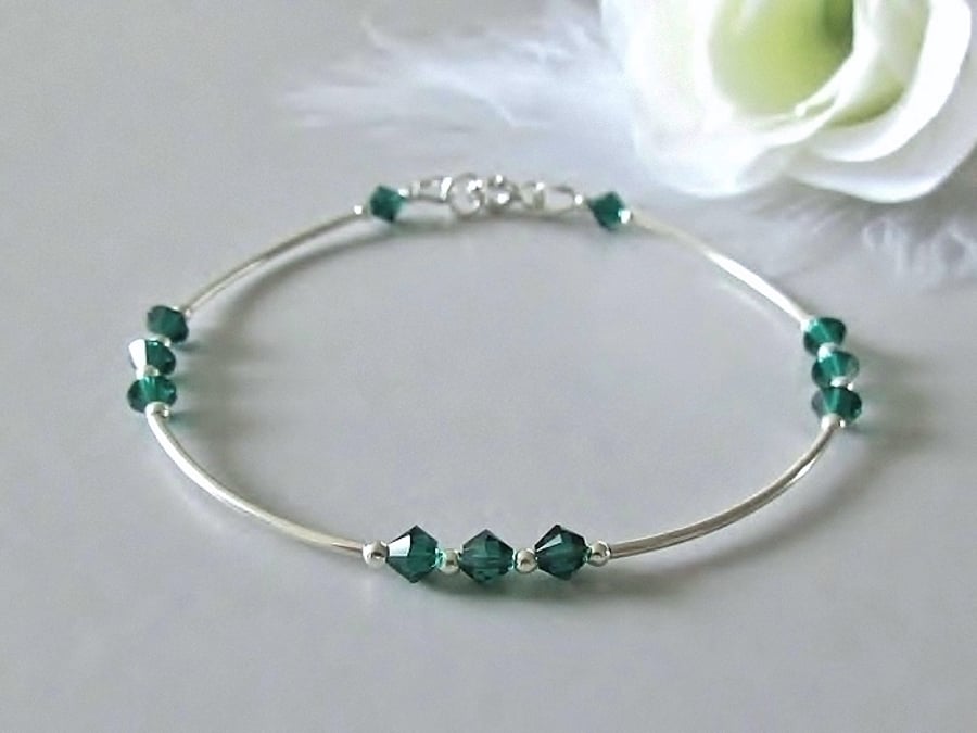 Emerald Green Premium Crystals & Sterling Silver Curve Tubes Designer Bracelet