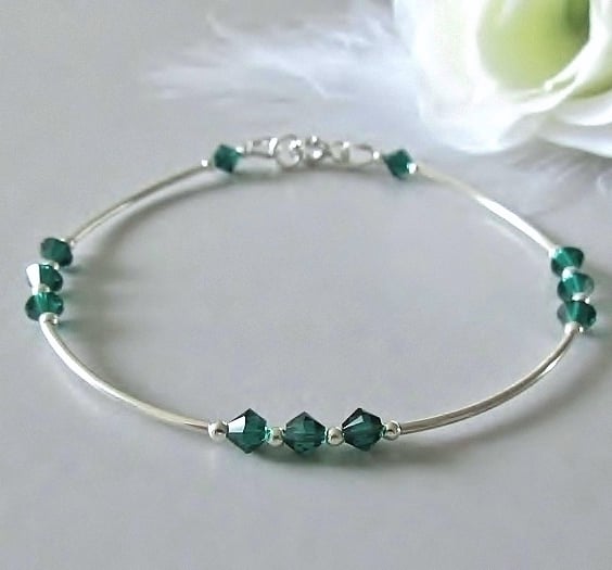 Emerald Green Premium Crystals & Sterling Silver Curve Tubes Designer Bracelet