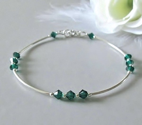 Emerald Green Premium Crystals & Sterling Silver Curve Tubes Designer Bracelet