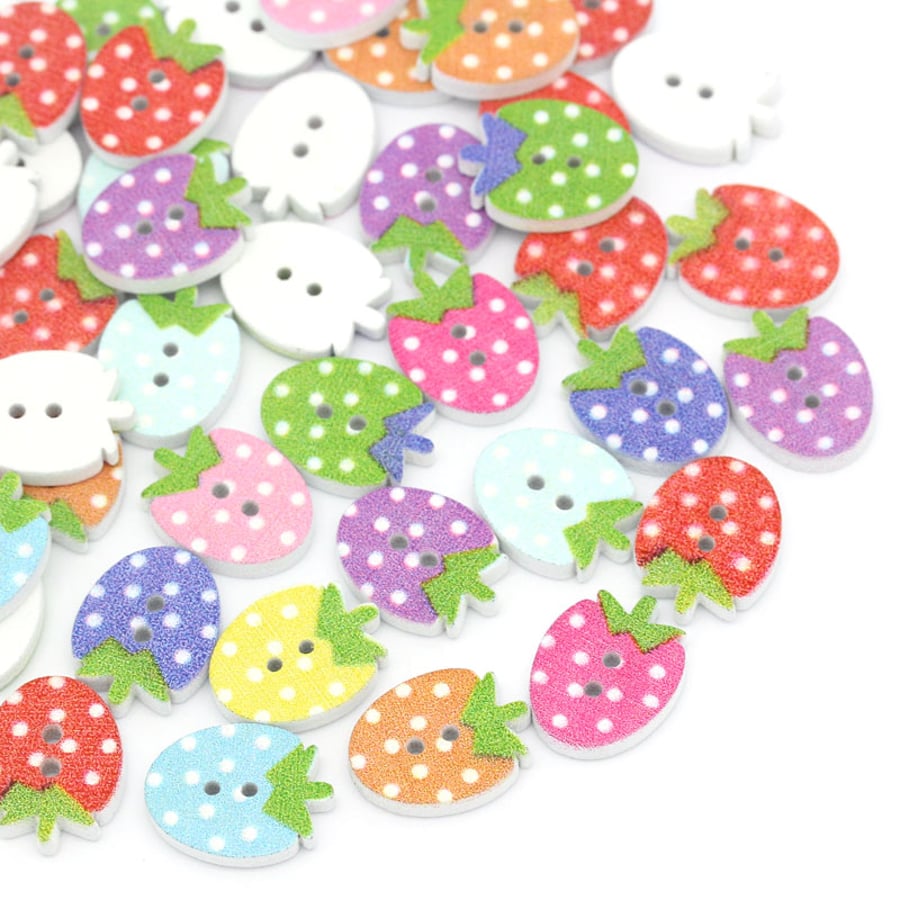 Strawberries, pretty colourful wooden strawberry buttons, Crafts, sewing, x 10