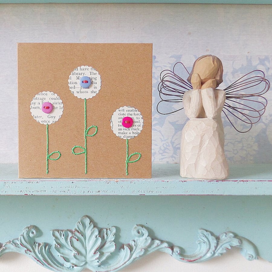 Flower Card. Hand Sewn Card. Embroidered Card. Hand Stitched Card. Mothers Day.