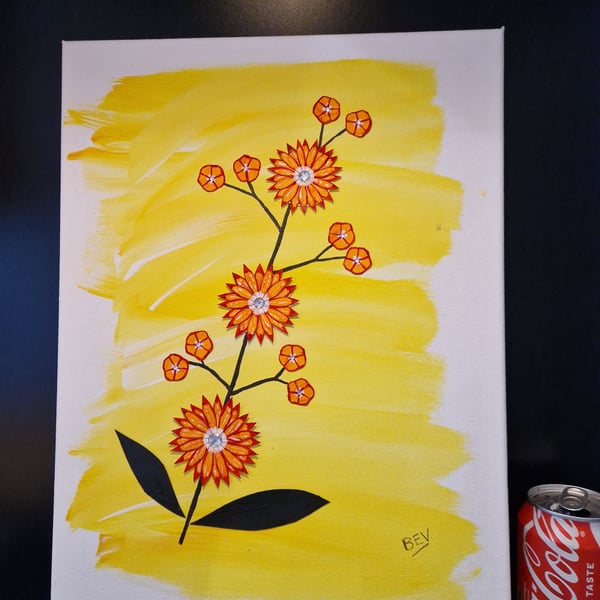 Collage of orange flowers with an abstract yellow background. 