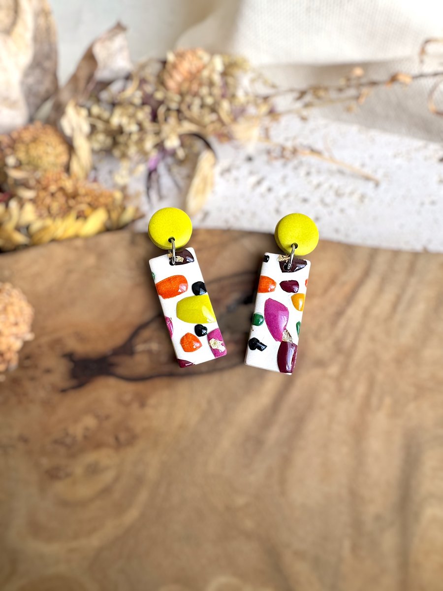 Autumn Abstract Terrazzo Mosaic Rectangle Polymer Clay Dangles