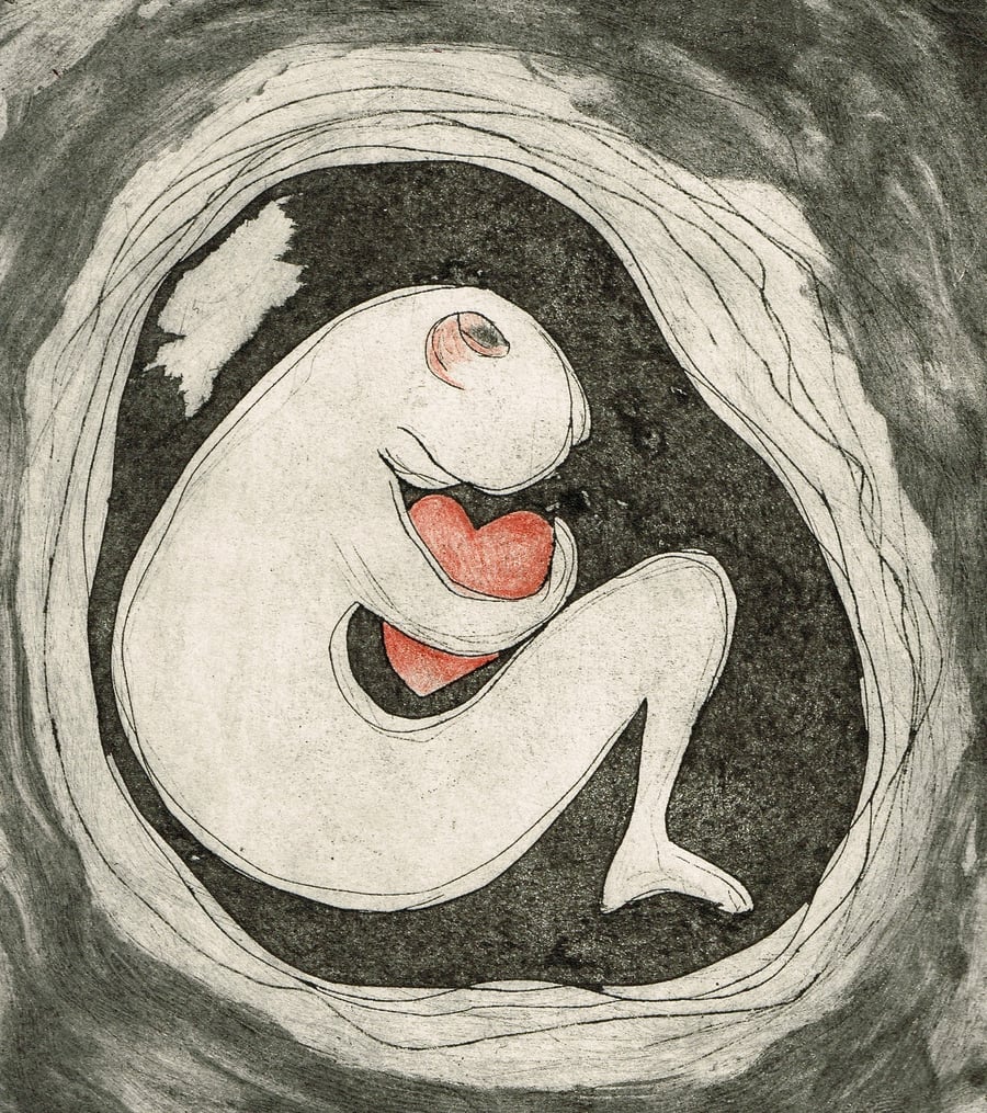 My fragile heart, hand printed drypoint etching print
