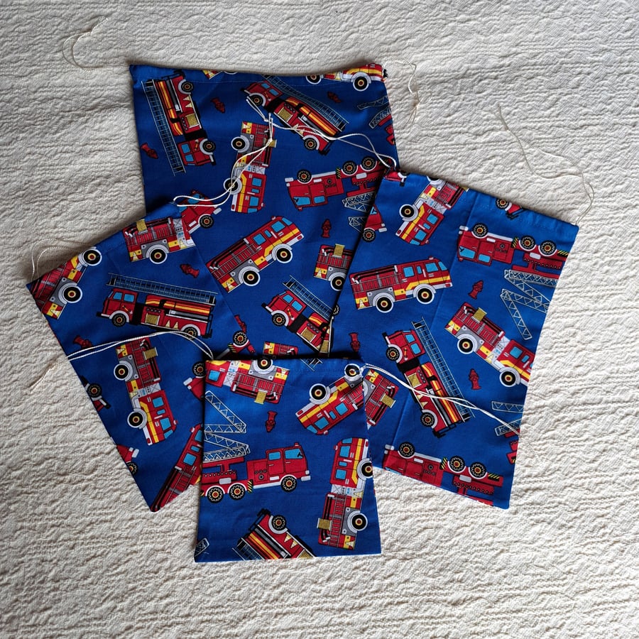Pack of 4, Fire engine Drawstring Gift Bags, handmade