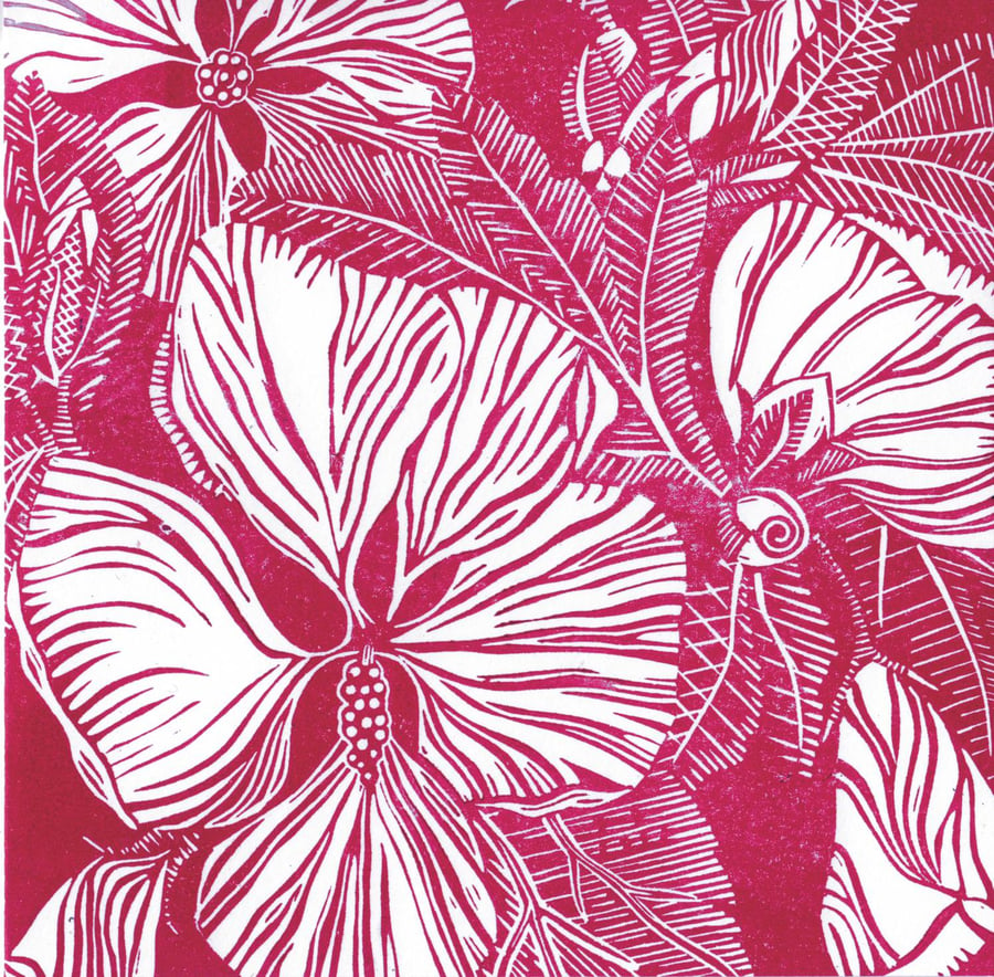 Handprinted card tropical hibiscus dark pink floral