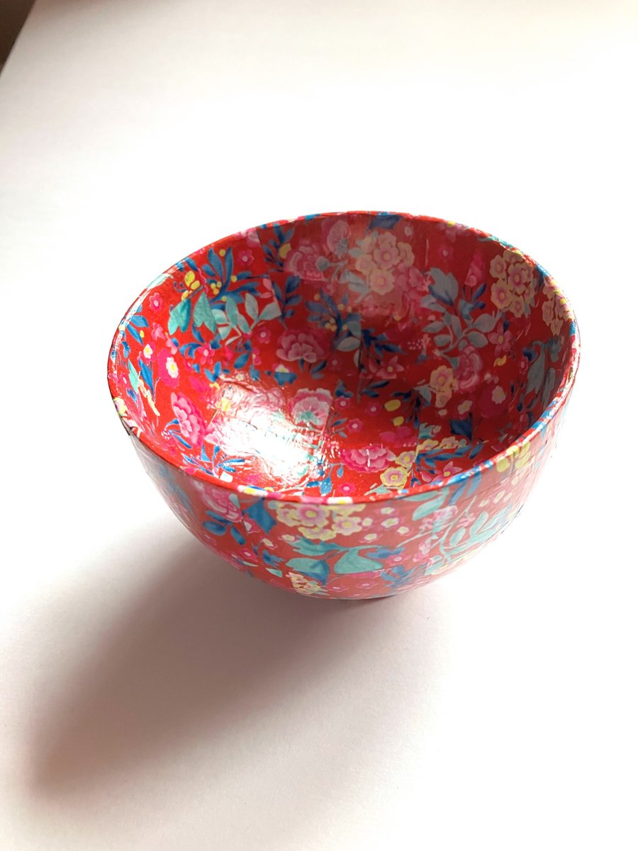 Up cycled red floral decopatch wooden bowl