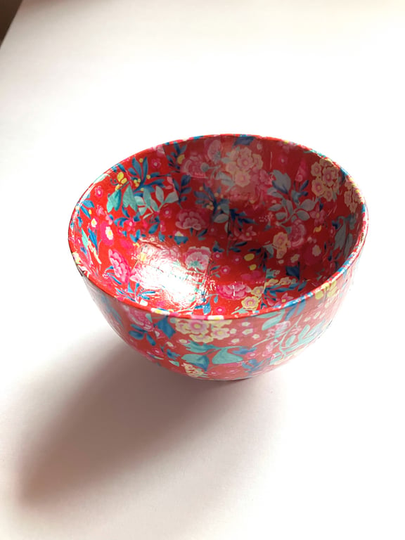 Up cycled red floral decopatch wooden bowl