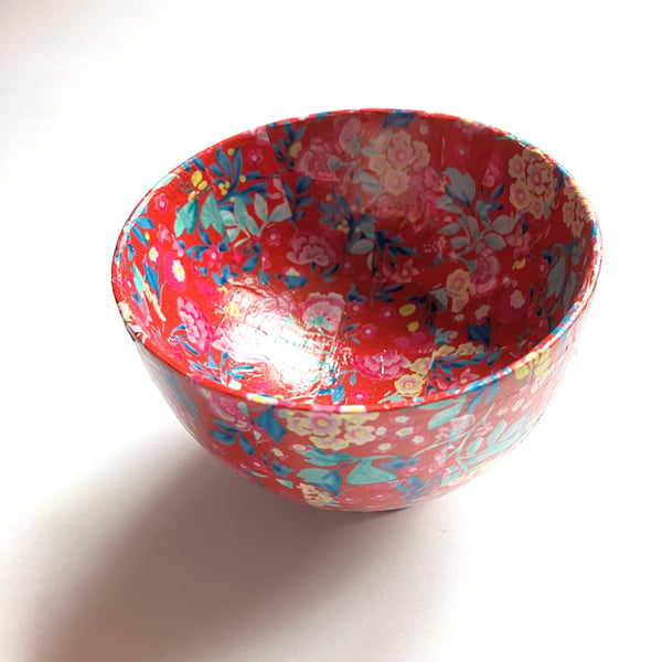 Up cycled red floral decopatch wooden bowl