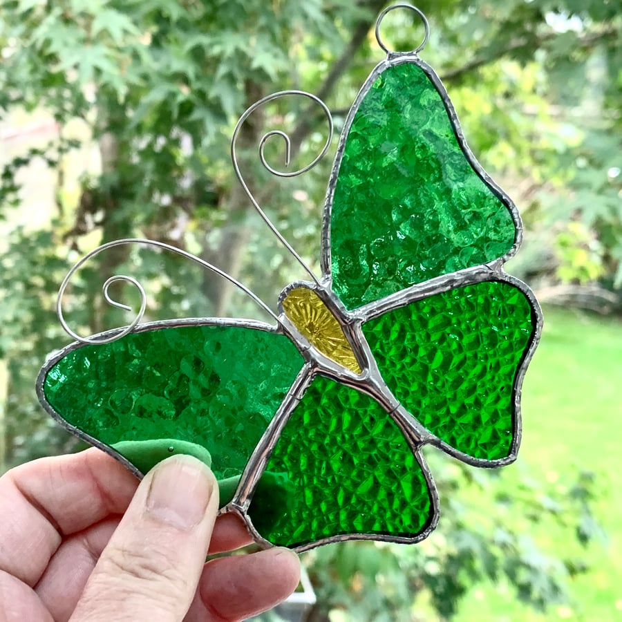 Stained Glass Butterfly Suncatcher - Handmade Decoration - Green 