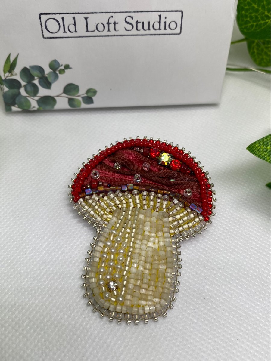 Handmade Bead Embroidered Mushroom Toadstool Brooch