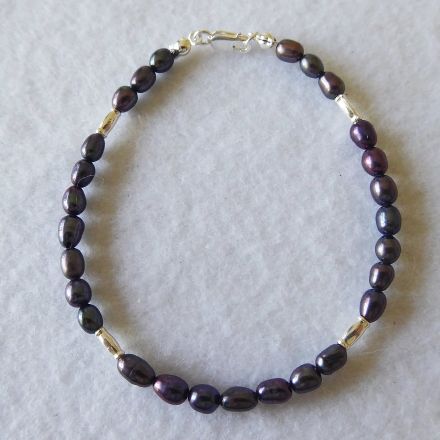 Unique Sterling Silver and Freshwater Peacock Pearl Bracelet  
