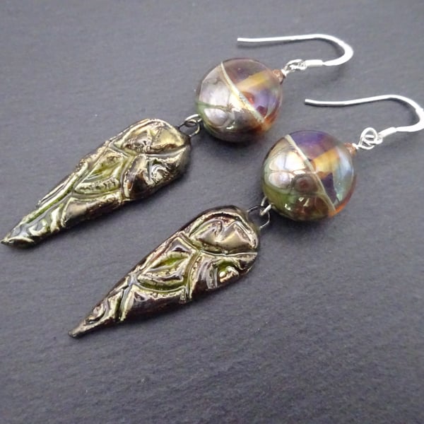 lampwork glass earrings, olive green ceramic jewellery