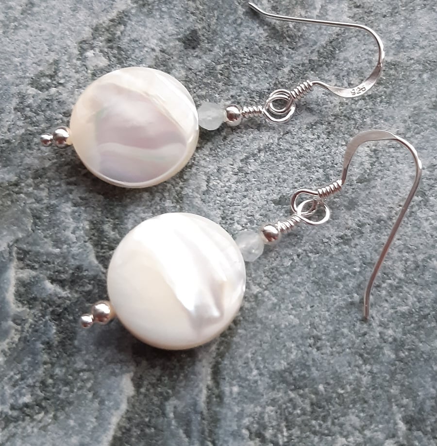 Mother Of Pearl And Aquamarine Sterling Silver Shell Earrings