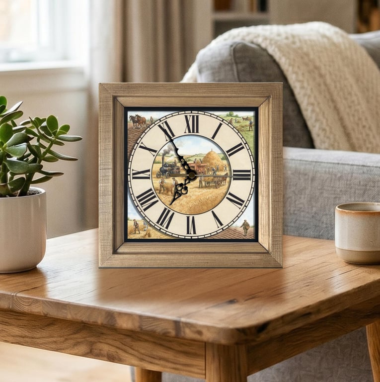 Vintage Style Steam Thresher Harvest Scene Wooden Wall Clock -Handmade 8x8"