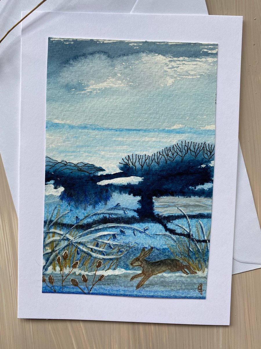 Hand painted running hare greetings card