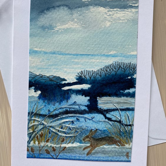 Hand painted running hare greetings card