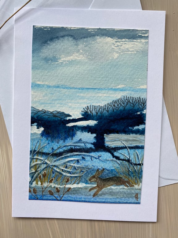 Hand painted running hare greetings card