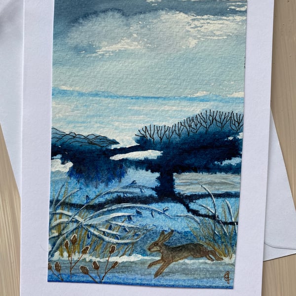 Hand painted running hare greetings card