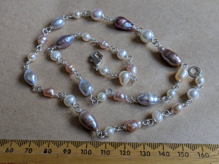 The Silver and Pearls Necklace - Wire wrapped mixed pearl necklace