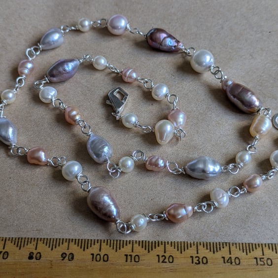 The Silver and Pearls Necklace - Wire wrapped mixed pearl necklace