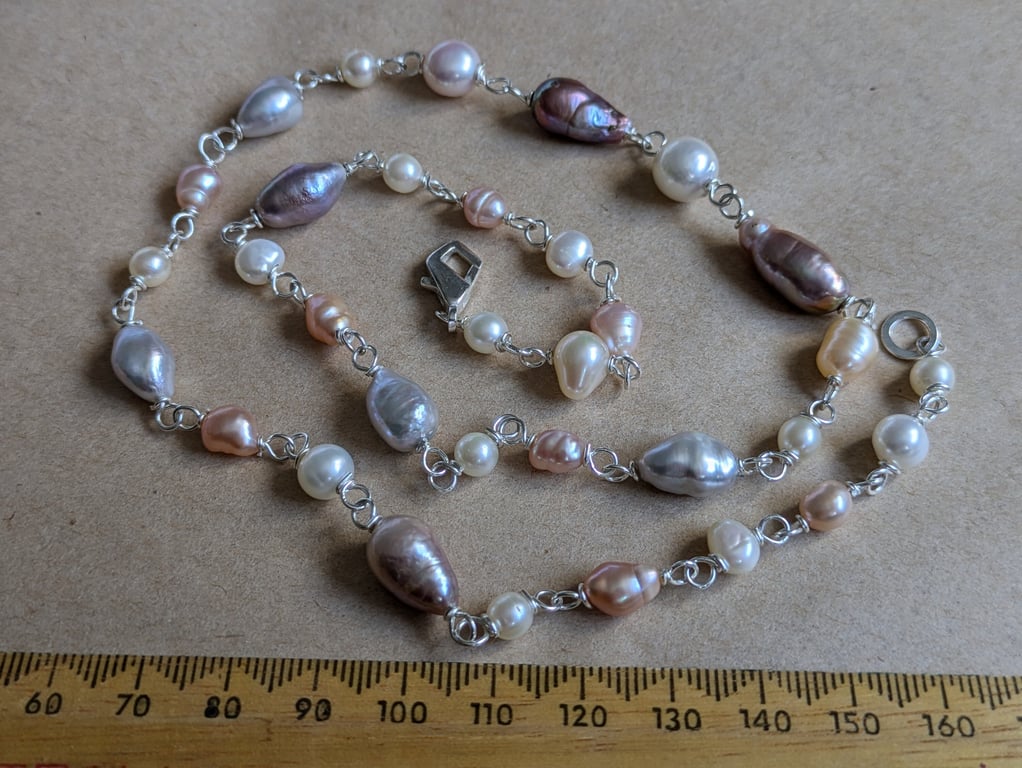 The Silver and Pearls Necklace - Wire wrapped mixed pearl necklace