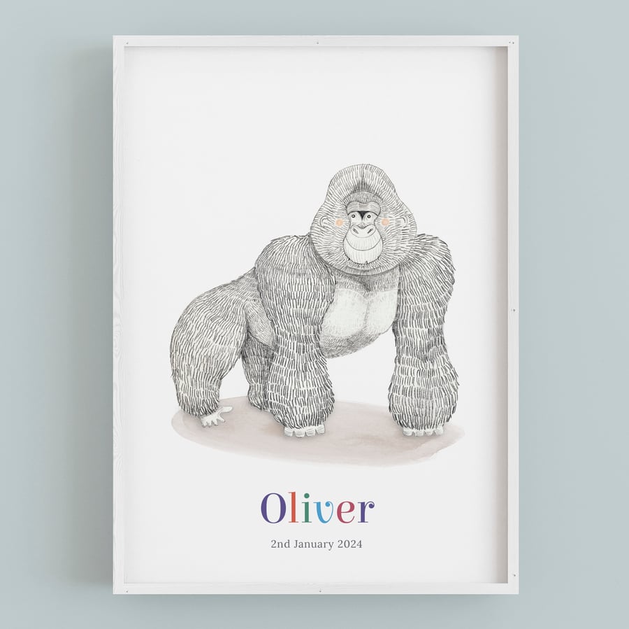 Personalised gorilla illustration: 1st birthday gift, Safari nursery decor
