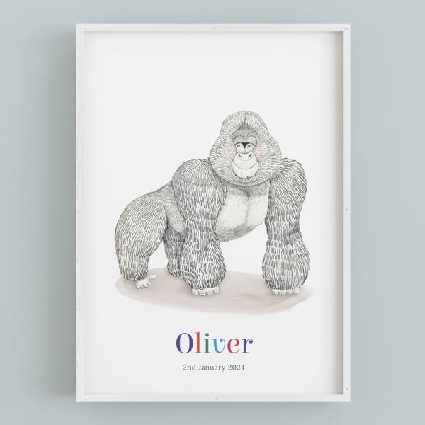 Personalised gorilla illustration: 1st birthday gift, Safari nursery decor