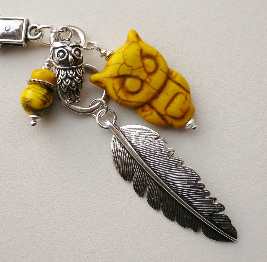 Handbag Charm Yellow Howlite Owl and Feather Themed   KCJ1660
