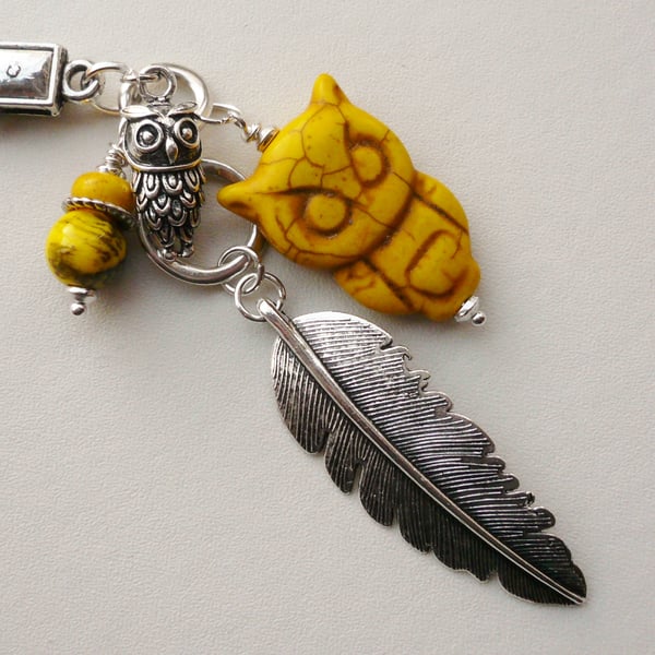 Handbag Charm Yellow Howlite Owl and Feather Themed   KCJ1660