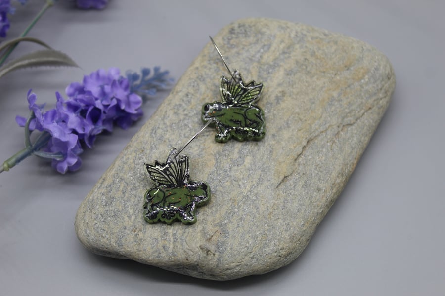 Frog Hoop Earrings, Frog Fairy, Frog with Wings Earrings, Cottagecore Gift