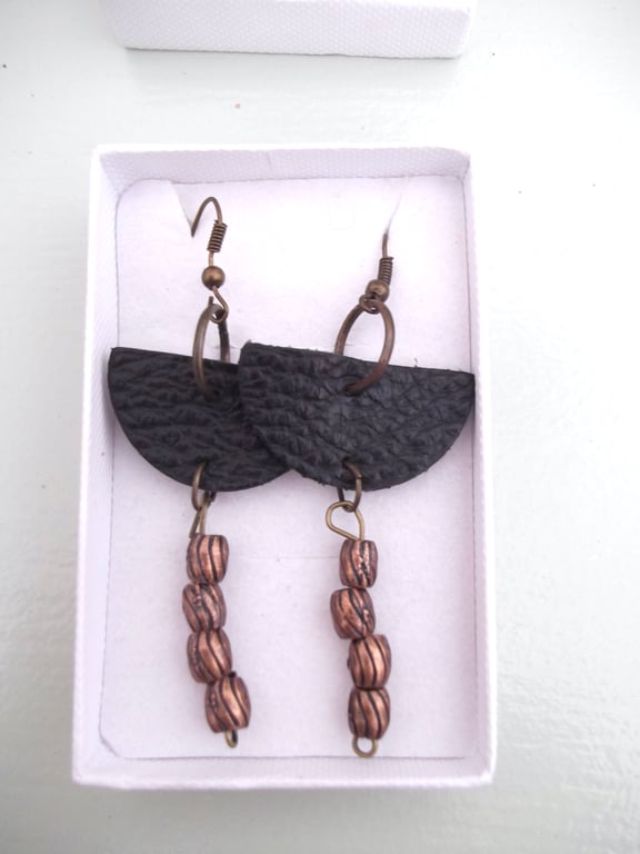Black Leather Half Moon and Copper Coloured Metal Bead Boho Earrings