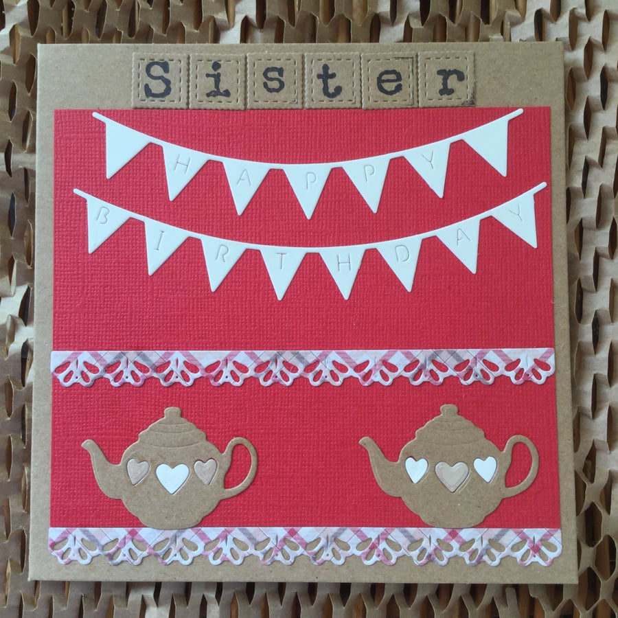 Red Teapot Sister Birthday Card 