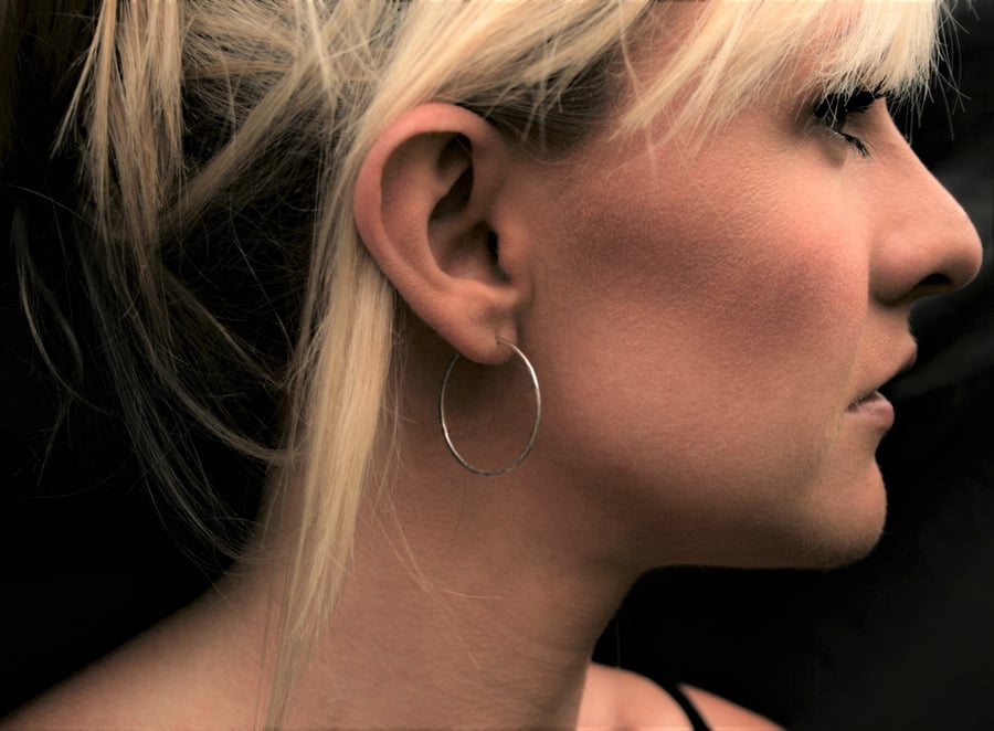 Silver Hoop Earrings, Large Open Hoop Stud Earrings, 30mm Hammered Hoops