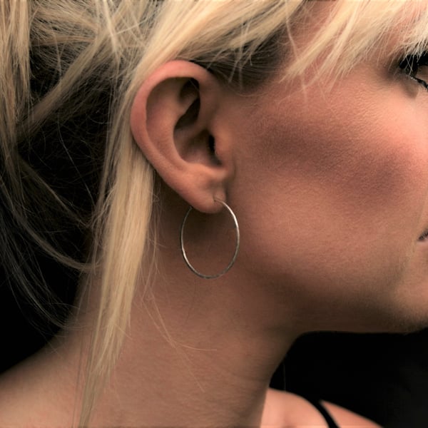 Silver Hoop Earrings, Large Open Hoop Stud Earrings, 30mm Hammered Hoops