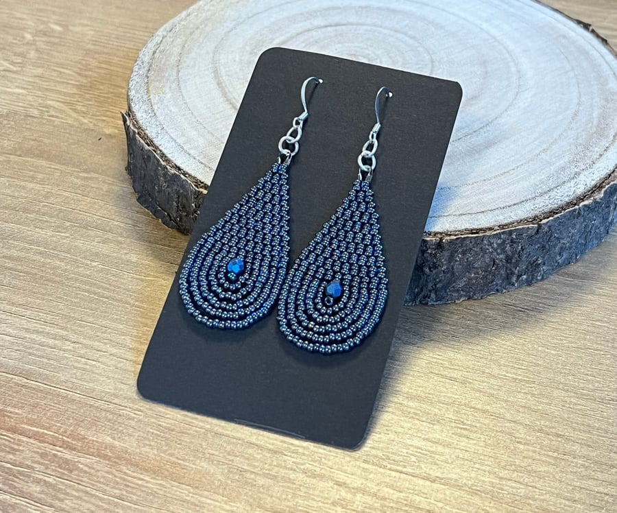 Midnight blue beaded teardrop earrings 