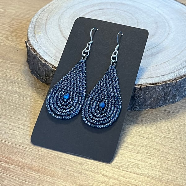 Midnight blue beaded teardrop earrings 