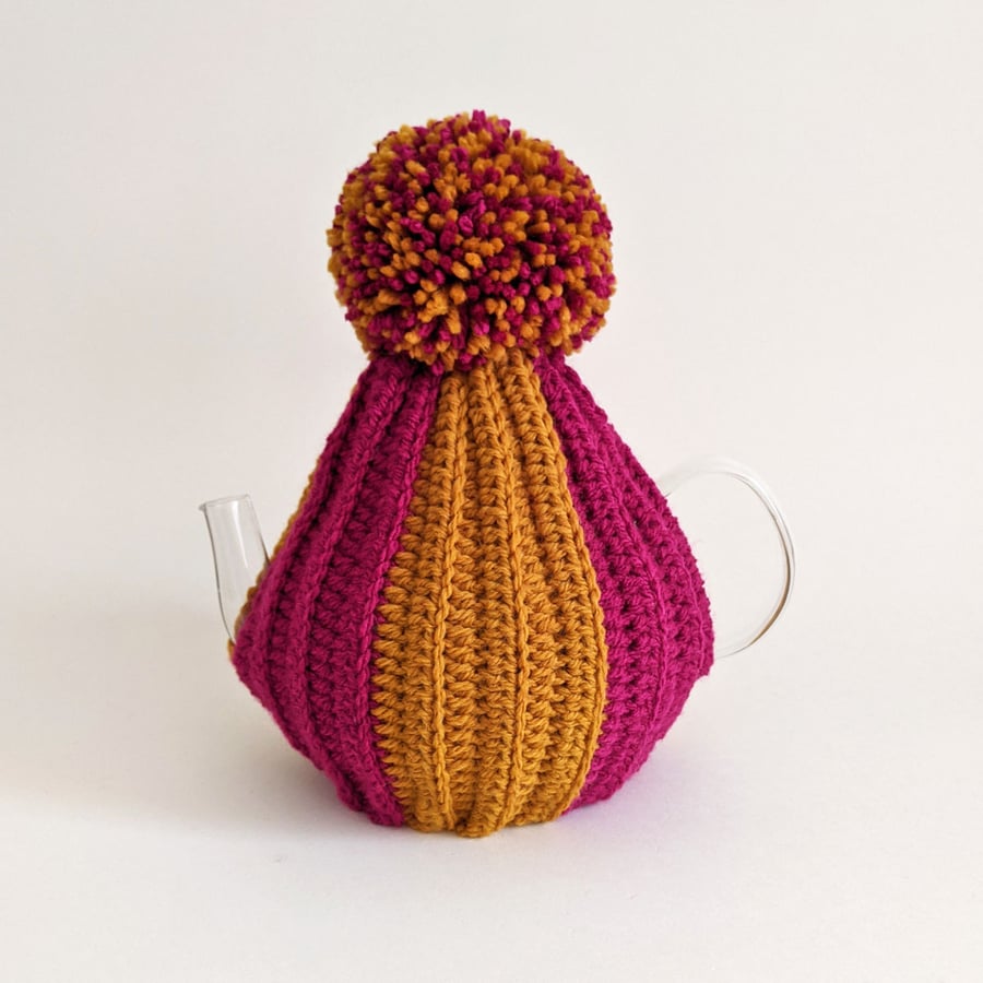 Teapot Tea Cosy - With pompom in Pink & Mustard