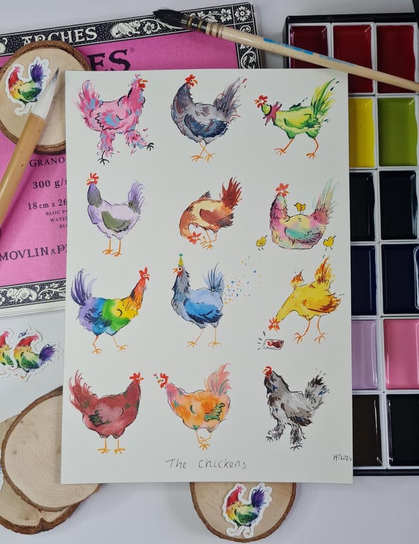 Original hand painted watercolour funny chicken art