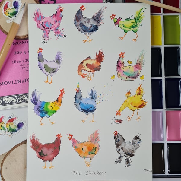 Original hand painted watercolour funny chicken art